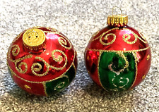 2 VTG C & D Glass Christmas Ornaments Red, Green with Gold Glitter picture