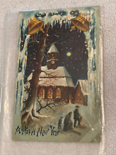 C. 1910 Happy New Year German Postcard Winter Landscape Church Bells Moon Light picture