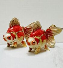 Jeweled Enameled Pair Of Fantail Koi Goldfish Trinket Jewelry Box Magnetic Lid picture