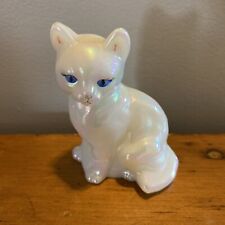FENTON White Irridescent Cat Figurine Blue Signed T. GASKINS picture