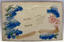 1912 Birthday Greetings, Best Wishes, Blue Flowers, Open Book, Vintage Postcard picture