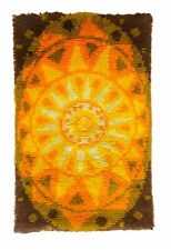 Vintage handmade wool wall hanging rug Sunburst orange yellow 70s mid century picture