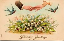 c1910 Birthday Postcard, pretty flowers, birds, embossed, antique, Carthage, IL picture