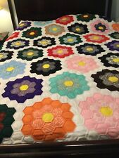 VIntage Handmade Quilt Grandmothers Garden Flowers Scalloped 84x104” king READ picture