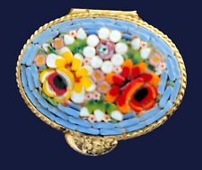 Vintage Micro Mosaic Tile Gold Tone Small Pill Snuff Trinket Box Flowers Floral  picture