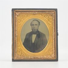 Antique 1/6th Plate Ambrotype Photo Middle Aged Man Striped Goatee w/ Half Case picture