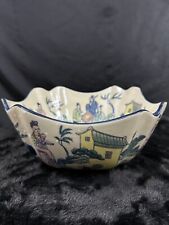 Vintage Large Chinese Hand Painted Cream Figures Heavy Decorative Bowl 10