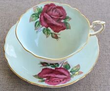 PARAGON Huge Cabbage Roses Signed R. Johnson Baby Blue Teacup and Saucer Set picture