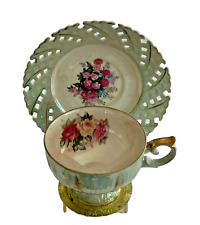 LM Royal Halsey Footed Tea Cup Reticulated Saucer Pink Rose Iridescent Vintage picture