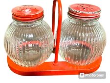 Vintage Hazel Atlas Red Metal Top Ribbed Glass Salt & Pepper Shakers Set 5607 picture