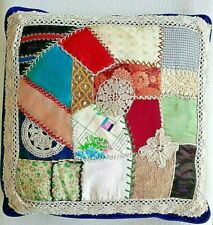 Vtg Handcrafted Throw Pillow Patchwork Crazy Quilt Silk & Lace Velvet Back 17