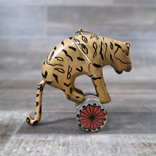 VTG Folk Art Circus Animal Balancing Cylinder Painted Wood Ornament Tiger Funky picture