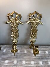 Vtg Brass Ribbon And Flowers Wall Sconces 14 In H picture
