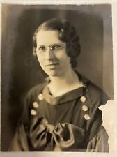 1930s Vintage 4” x 3” Sepia Photo Woman in Spectacles Period Fashion Dress picture