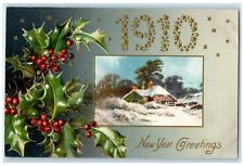 1910 New Year Greetings House Winter Scene Holly Berries Winsch Back Postcard picture