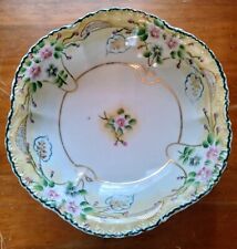 Vintage Fine Porcelain Bowl, Beautiful Blue and Pink Flowers, Gold Design 10Inch picture