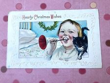 1915 Antique Christmas Postcard - Child With Black Cat picture