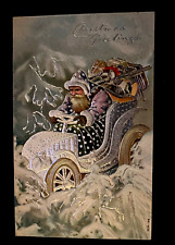 Black Robe Santa Claus in Old Car with Toys~Antique Christmas Postcard~k103 picture