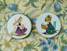 RARE Set of 2 Vintage Ceramic Hand Painted Cute Little Girls Coasters Signed picture