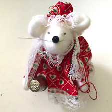 Vintage Merry Christmas Grandma Ornament Sewing Mouse Thread Spool Thimble Red picture