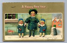 1909 THREE CHILDREN FANCY CLOVER SIBLINGS NEW YEAR'S Postcard P13 picture