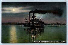 Evansville Indiana IN Postcard Night Scene On River Steamship c1910's Moonlight picture