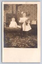 Baby + Big Sister Antique Teddy Bear Antique Wall Paper Furnishings Carpet RPPC picture