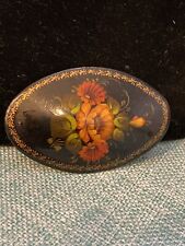 VTG Russian Signed Hand Painted Oval Lacquered Paper Mache Floral Pin/Brooch picture