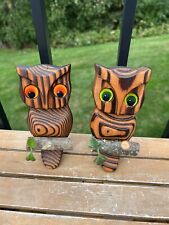 VTG MCM Witco Owl Cryptomeria 70s Wood Carved Set of 2 Burnt Wall Art Retro Boho picture
