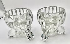 2 Heavy Vintage 1960's Clear Round Ribbed Glass 3 Leg Footed Candle Holder picture
