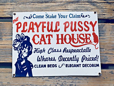 VINTAGE THE PLAYFUL PUSSY CAT HOUSE HOTEL SERVICE OIL GAS STATION PORCELAIN SIGN picture