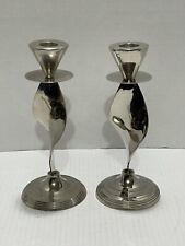 2 Vintage Chrome Candlestick Twist Ribbon Candle Holders picture