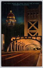 Tower Bridge State Capitol Dome Night Street View Sacramento California Postcard picture