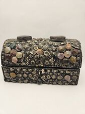 Moroccan Wedding Silvered Jewelry Box Inlaid Semi Precious Stones A/IS No Latch picture