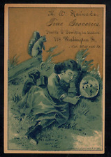 H.W. Meincke Fin Groceries, Victorian Trade Card, Young Girl Sleeping. Squirrel picture