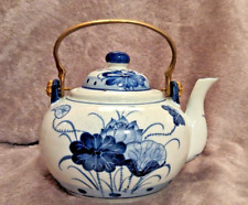Vintage Blue Onion Blue and White Flower TeaPot with Brass Handle picture