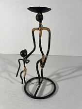 Unmarked Black Wrought Iron & Rattan Woman Candle Holder Tribal Inspired Art picture