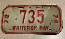 Vintage 1972 1974 WHITEFISH BAY WI WISCONSIN BICYCLE BIKE LICENSE PLATE picture