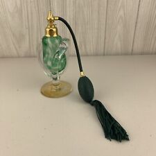 Vintage Hand Blown Art Glass Pedestal Atomizer Perfume Bottle Green Gold 7
