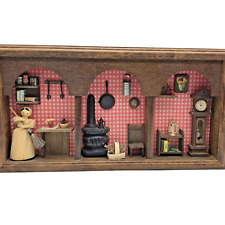 Country Cottage Kitchen Folk Art Wooden 3D Diorama Shadow Box Wall Hanging Decor picture