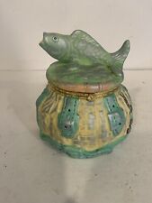 Vntg Big Bass Fish Trinket Box Fish On Wicker Tackle Basket Painted Ceramic RARE picture