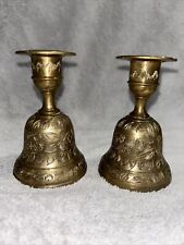 Vintage Brass Bell  Set /Candle Holders, Etched with Leaves, Made By Sarna India picture