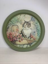 Vintage 80s CAT Graphic Print Round Metal Avocado Green TRAY Granny Cottage Core picture