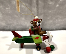 Vintage Wooden Airplane Ornament With Teddy Bear Delivering Christmas Presents picture