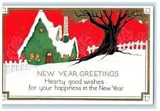 c1920's New Year Greetings Gold Gild House & Tree Winter Snow Embossed Postcard picture