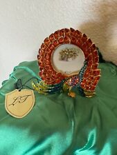 Lovely Vintage Le Tresor Jeweled Enamel 4” tall Peacock Table top frame Estate picture