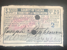 WASHINGTON  TERRITORY $30 BEARER BOND Yakima County 1889, UniqueVintage Old West picture