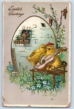 Easter Postcard Greetings Egg Anthropomorphic Chicks Playing Guitar Pipe Berry picture
