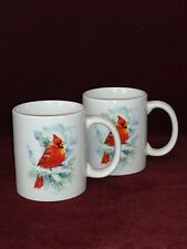 2 Cardinal Coffee, Tea Mugs in a Winter Scene 10 oz - Bird Watcher Special NICE picture