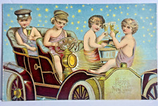 New Year Postcard Four Boys Ride Old Car Gold Trim Toast Drink Champagne Stars picture